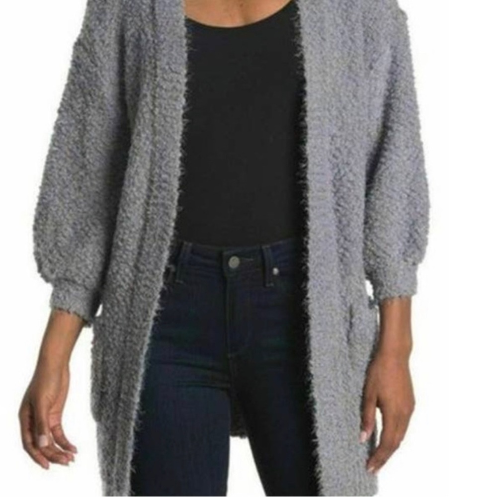 FRNCH Open Cardigan Women's Size S/M Gray Soft Eyelash‎ Knit Balloon Sleeves